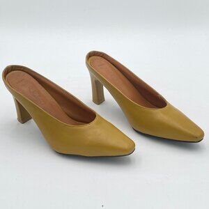 Dark Yellow Slip On Closed Toe Mules Slide Sandal Chunky High Heels Classic Shoe
